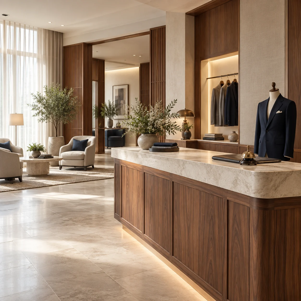 Reception di un hotel con hall e dettagli di un atelier sartoriale